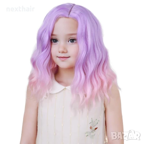 Детска къса чуплива перука лилаво розово омбре на път, снимка 2 - Други - 50837904