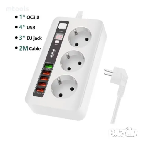 Разклонител 3 гнезда и 5 USB порта, FastCharge, С ключ, 2500W, 10А -таймер, снимка 1 - Друга електроника - 48321755