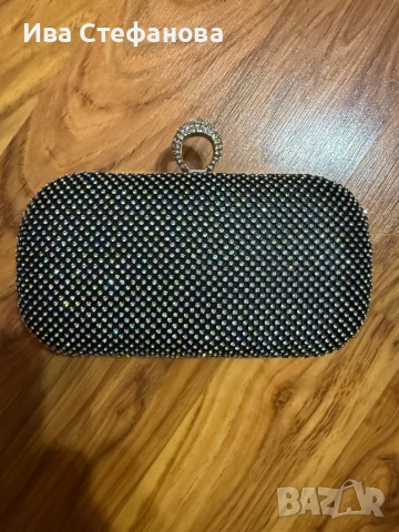 Нова парти коктейлна официална малка бална чанта сиви блестящи камъни с пръстен 