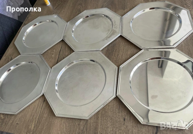 Плато - голяма чиния, подложка - стилни, метални, посребрени - 6бр.