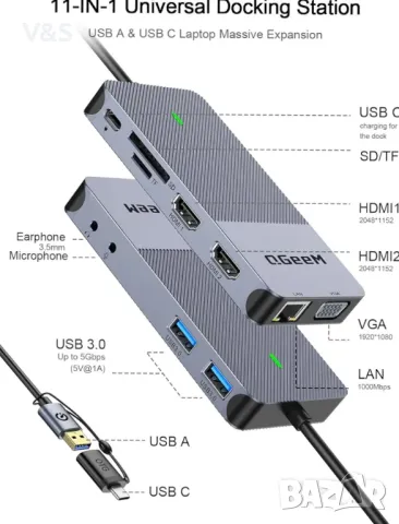 Докинг станция 11 в 1, USB 3.0, HDMI, Сив, снимка 3 - Лаптоп аксесоари - 47454079