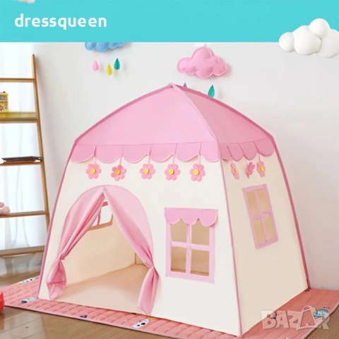 4752 Розов детски кът „Замък“ (130 см) – Сгъваема палатка за стая и двор с включени прозорчета, снимка 3 - Други - 53811413