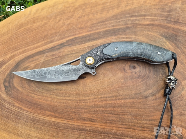 Уникален сгъваем ръчно изработен нож,Дамаска стомана VG10 с кания, снимка 9 - Ножове - 51442841