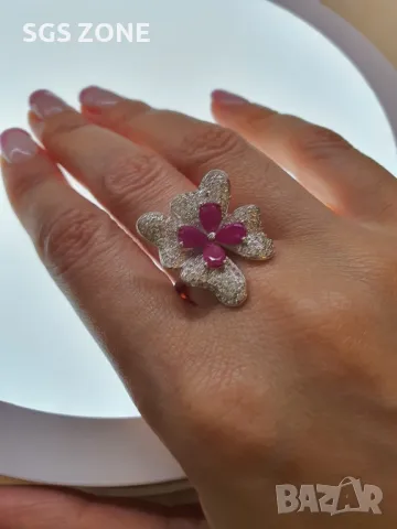 Сребърен Пръстен Цвете с Рубини, снимка 5 - Пръстени - 49792655
