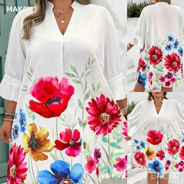 Елегантна ефирна макси клоширана рокля/туника с V-образно деколте и ефектни ръкави в снежно бяло на , снимка 1