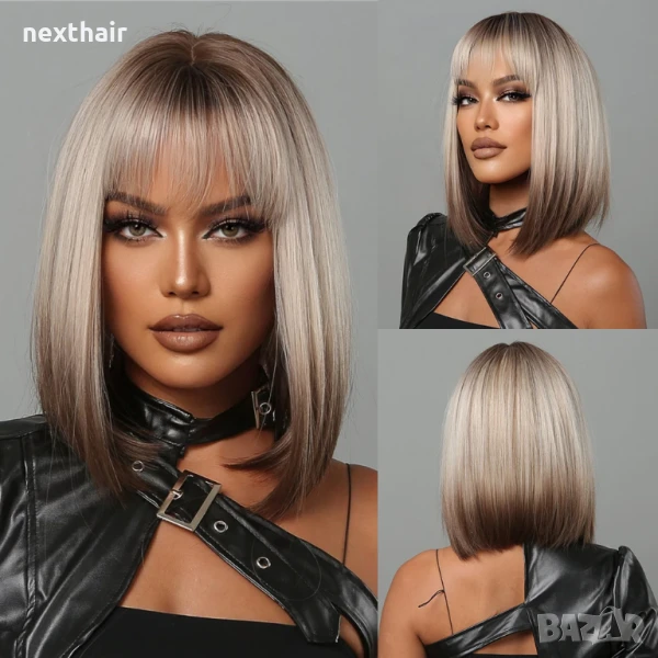 Къса дамска омбре руса перука с кафяви корени и краища, с бретон, снимка 1