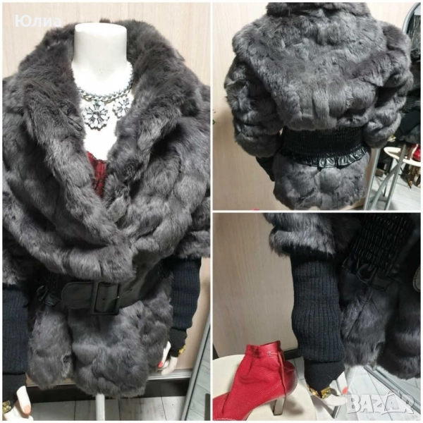 Уникално кожено палто от Заек с плетени ръкави, снимка 1