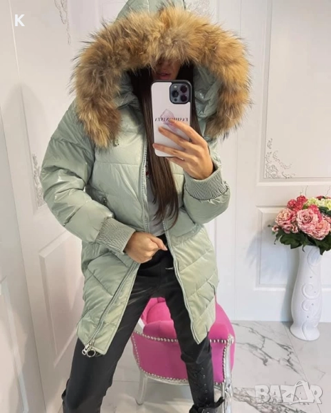 Ново зелено лак яке с естествен косъм пух лисица, снимка 1
