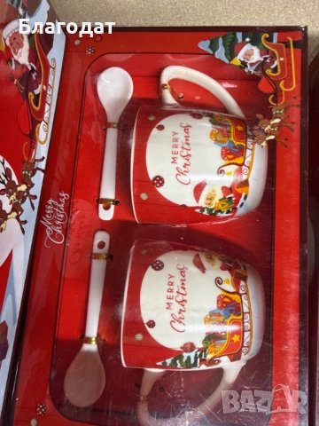 Комплект от 2 керамични чаши с лъжица, коледна тематика, опаковани в подходяща кутия, снимка 10 - Чаши - 52411154
