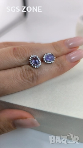 Сребърни обеци с естествен танзанит., снимка 6 - Обеци - 52876971
