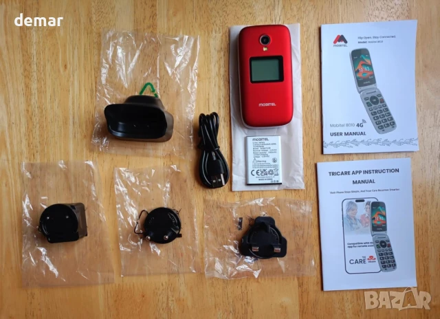 Mobitel 8010 Мобилен телефон за възрастни хора с голeми бутони, сгъваем, 4G, отключен, червен, снимка 10 - Други - 51159293