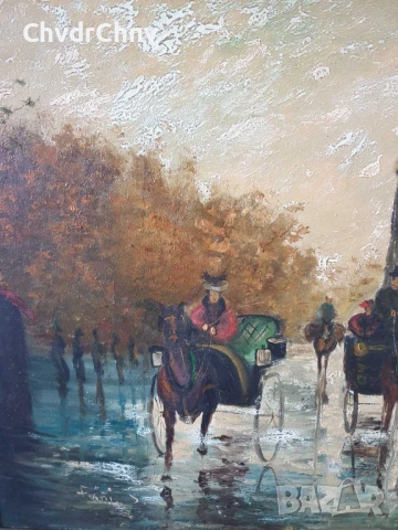 120х80см/стара голяма картина масло върху платно/градски пейзаж-Париж-карети/барокова дървена рамка, снимка 3 - Картини - 50978182