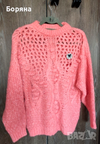 MANGO - Разкошен бебешко розов мохерен пуловер с брошка, снимка 7 - Блузи с дълъг ръкав и пуловери - 34359032