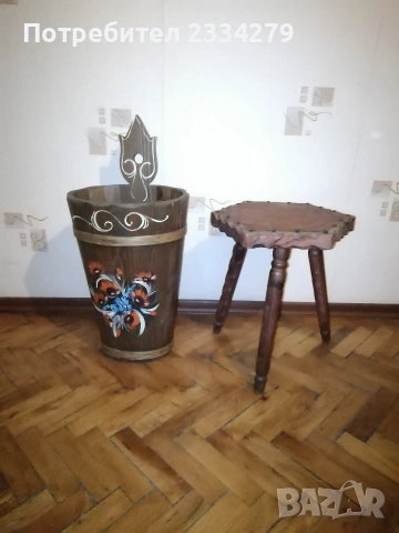 Винтидж дървено ведро, кашпа, чадърник, ръчна изработка-рисувано. 