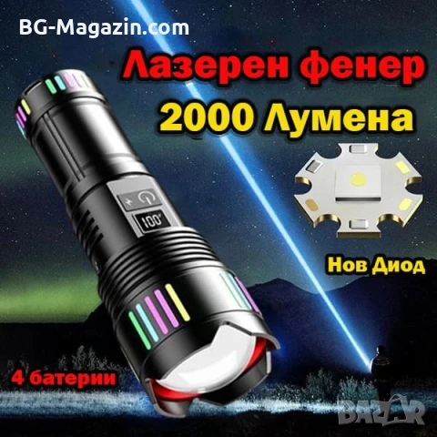 Далекобоен мощен фенер прожектор LED лазерен диод USB зареждане Power Bank за лов риболов къмпинг