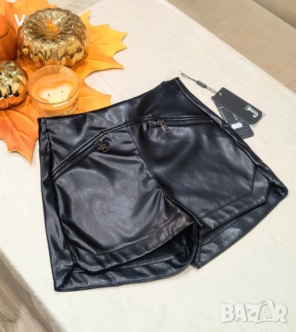 Дрехи Junona Юнона къси кожени панталони с колан лачено яке кроп топ бюстие палто , снимка 4 - Къси панталони и бермуди - 52468119