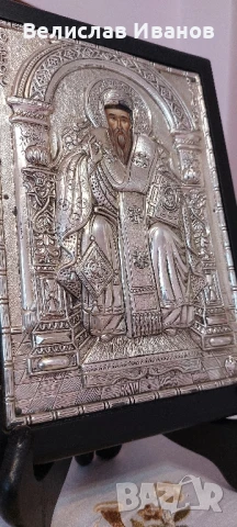 Гръцка сребърна икона на св.Спиридон. Проба 950. Перфектно състояние., снимка 3 - Икони - 50755937