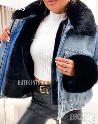 СИНЬО ДЪНКОВО ЯКЕ С ЧЕРЕН ПУХ, снимка 4 - Якета - 52648353