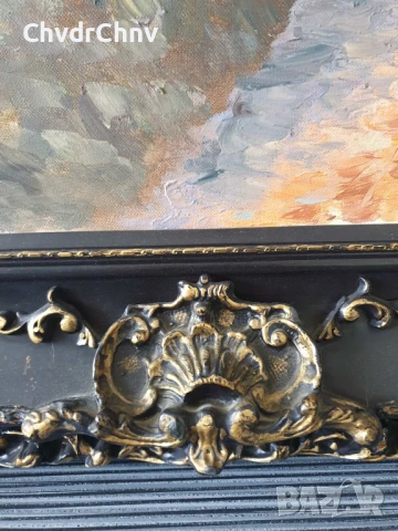 150х89см/стара голяма картина масло върху платно/испанско село-каменни къщи/барокова дървена рамка, снимка 7 - Картини - 50978446