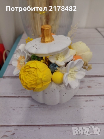 Керамична кашпа "Тиква" с есенна декорация, снимка 6 - Декорация за дома - 52033990