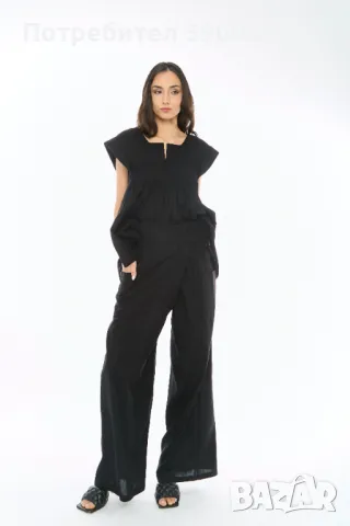 Дамски Ленен Панталон Stella - Черен, снимка 2 - Панталони - 49723880