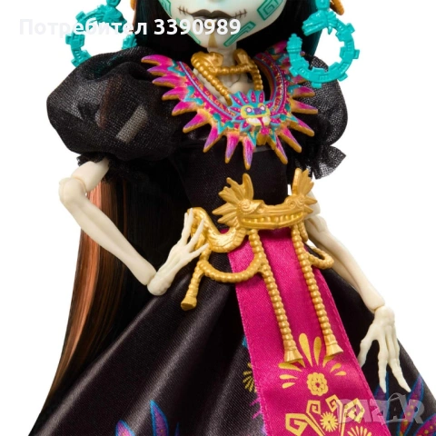 Колекционерска кукла Monster High Skelita Calaveras Día de Muertos 2025 - с Ацтекска роба, снимка 5 - Кукли - 53410844