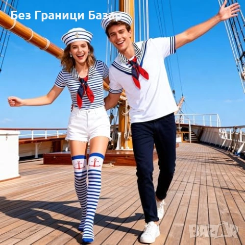 Нов Дамски моряшки комплект 4 части шапка капитан шал чорапи обеци, снимка 6 - Други - 53680617