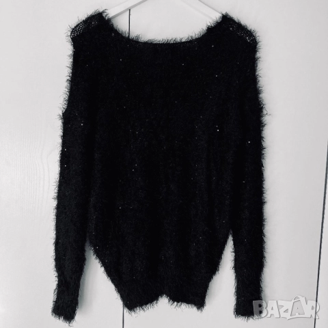 Разпродажба Дамски черен пухкав пуловер с пайети Нов, снимка 7 - Блузи с дълъг ръкав и пуловери - 52881428