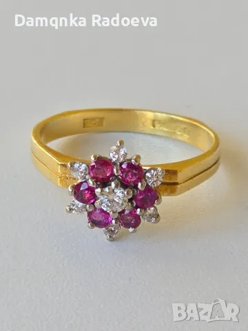 Златен пръстен с Диаманти и Рубини 18 карата,проба 750, снимка 5 - Пръстени - 47890971