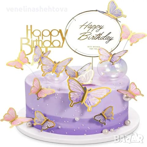 10 броя топери  пеперуди лилави розови златист кант декорация на торта мъфини, снимка 5 - Други - 45870837