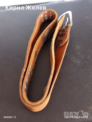 Винтидж кафяв кожен колан с капси и монети много красив 44288, снимка 6 - Колани - 51845391