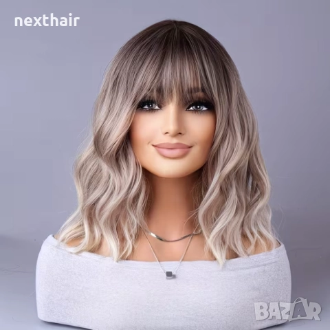 Вълнообразна руса перука с тристепенен омбре ефект и бретон, снимка 6 - Аксесоари за коса - 51820416