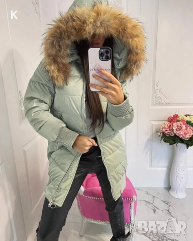 Ново зелено лак яке с естествен косъм пух лисица, снимка 1