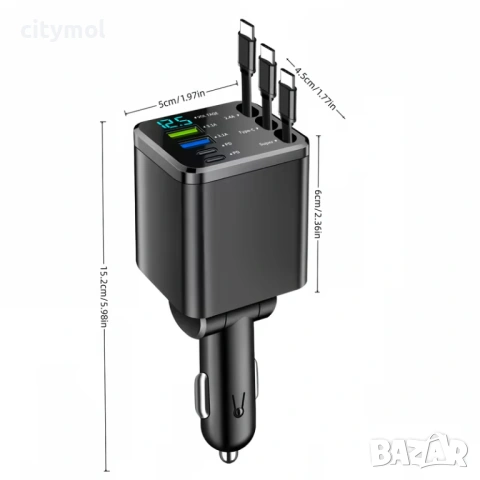 Зарядно за кола 7 в 1, волтметър, бързо зареждане, 3 прибиращи се Type-C кабела, 2хUSB и 2хType-C из, снимка 6 - Зарядни за кола - 53192795