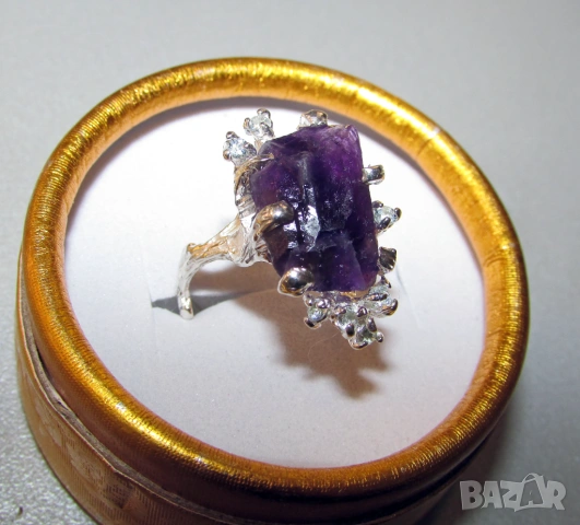 925 сребърен пръстен с необработен аметист размери 16x10мм, снимка 2 - Пръстени - 53756392