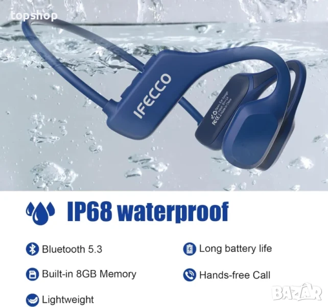 НОВИ IFECCO водоустойчиви слушалки с костна проводимост, IP68,  Bluetooth, 8GB Вградена памет, MP3, снимка 1