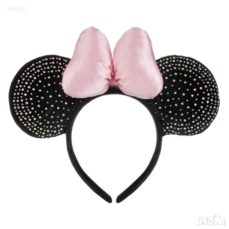 Коледна диадема с ушички на мишле, черна с многоцветни камъчета и розова панделка_1245267, снимка 1