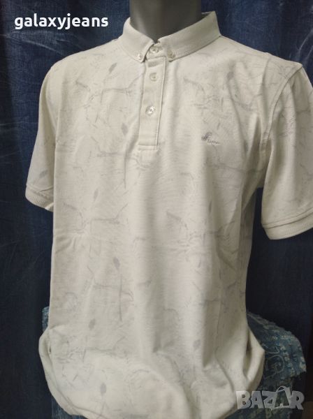 Ette- блуза с яка и копчета, светло бежов цвят, сив принт, 100% памук, снимка 1
