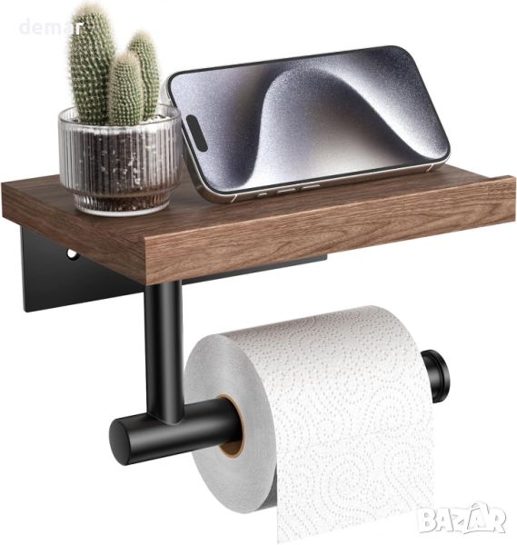 Tindbea Дървен рафт с държач за тоалетна хартия за баня, матово черна неръждаема стомана, орех, снимка 1