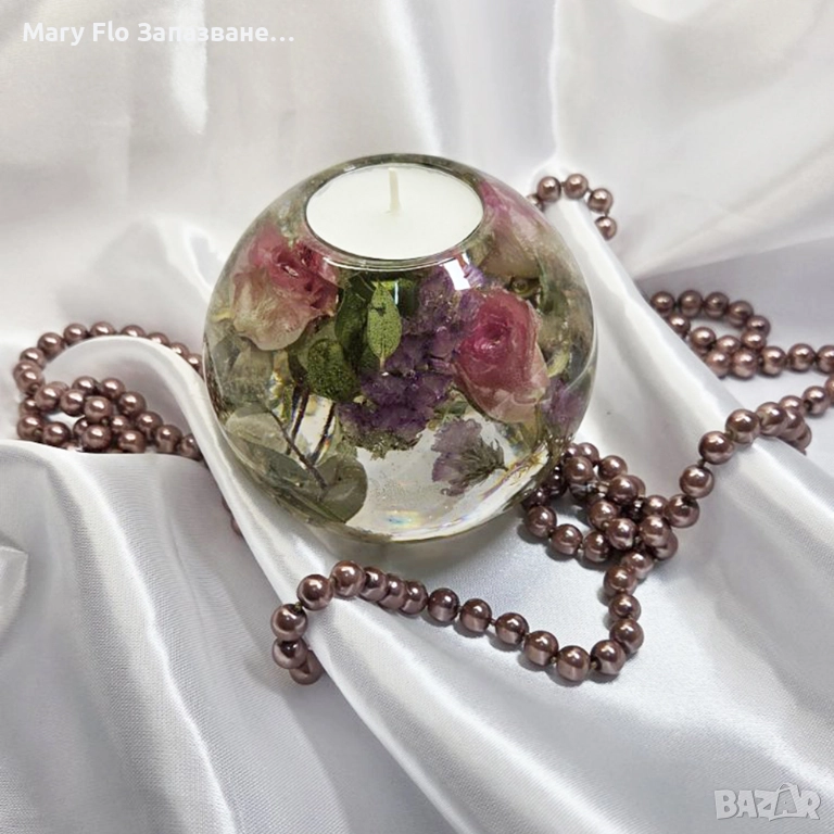 Свещник от естествени Спрей рози и полски цветя запечатани в епоксидна смола, снимка 1