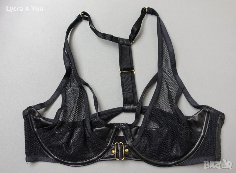75В черен сутиен от еко кожа и прозрачна мрежа, снимка 1
