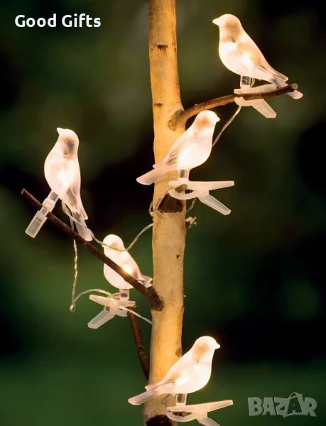 Соларен LED гирлянд с 5 светещи птички – декоративна градинска светлина, снимка 1