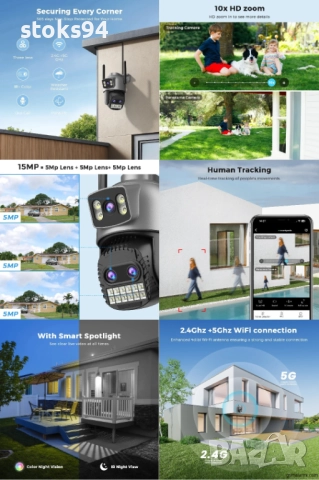 Промоция:15MP WiFi безжична камера, 4K Ultra HD, 3 обектива, 10X реално цифрово увеличение, AI, снимка 5 - Камери - 51983469