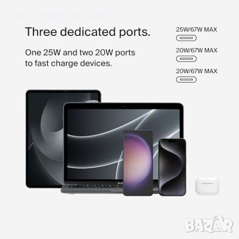 Ново Бързо зарядно устройство Belkin 67W USB-C PD 3.1, 3 порта за iPhone и MacBook, снимка 2 - Аксесоари за Apple - 45661160