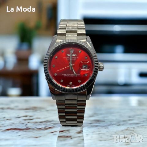Часовник Rolex Datejust червен циферблат сива каишла реплика, снимка 1 - Дамски - 46198415