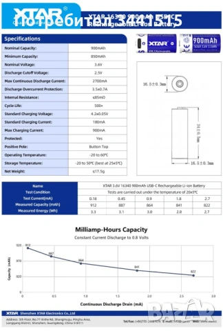 XTAR 16340 900mAh USB-C Батерия Li-ion | CR123A / RCR123A | За фенери и електроника , снимка 3 - Батерии, зарядни - 54144465
