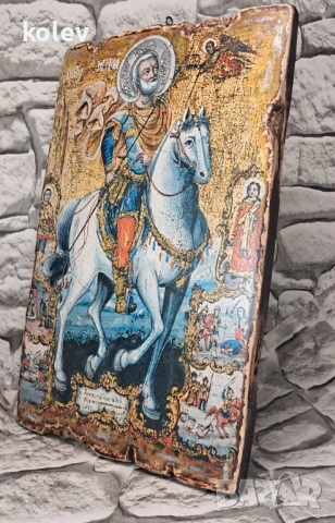Икона Свети Мина на кон със светци 30/20 см - УНИКАТ, декупаж, снимка 3 - Икони - 37177568