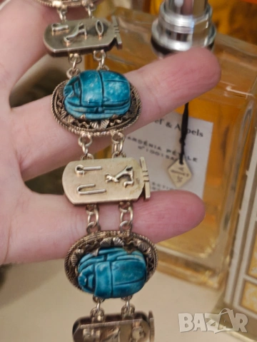 Антикварна сребърна гривна скарабей тюркоаз позлата, снимка 4 - Гривни - 54030386
