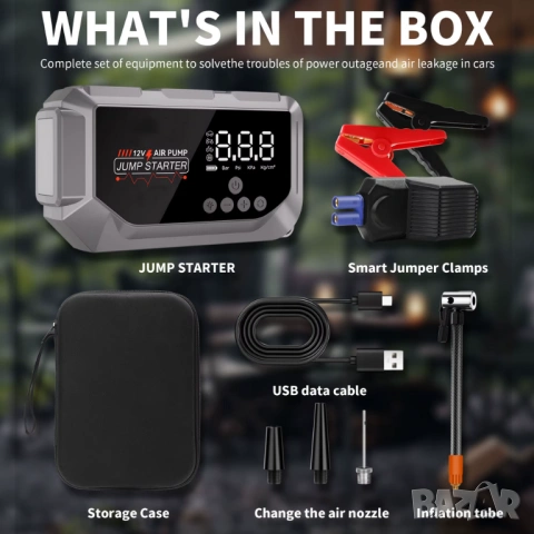 Комбиниран Jump Starter (бичѐ), 12000 mAh, Power Bank, 150 PSI компресор и LED фенер , снимка 4 - Аксесоари и консумативи - 53179776