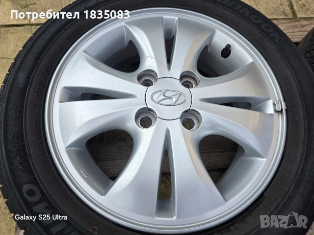 Лети джанти 14ки 4х100 Hyundai + летни гуми 175/60/14 Hankook, снимка 4 - Гуми и джанти - 53707165